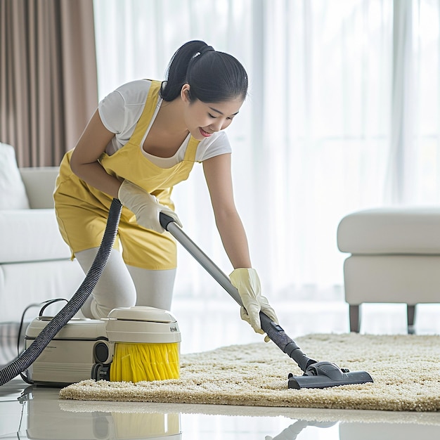 Vacuum cleaning asian woman