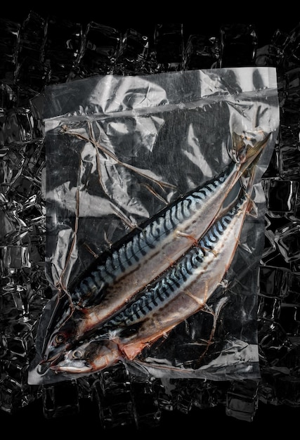 Vacuumpacked fish on dark ice background mackerel SemifinishedTop view