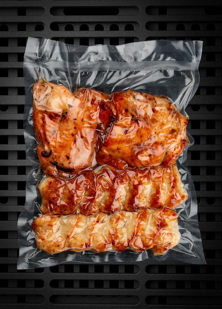 Vacuumpacked grilled meat on a dark background Set of different types of meat Ready to eat