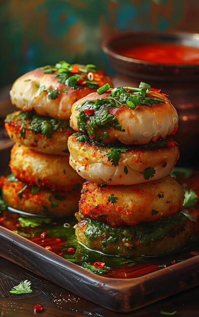 Photo vada pav dish poster with green chutney and spicy potato pat illustration food drink indian flavors