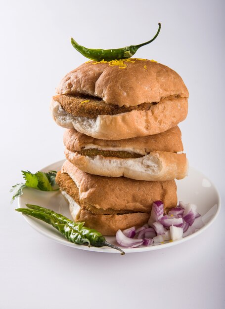 Vada Pav OR Wada Pao is a vegetarian roadside fast food dish from Maharashtra. Selective focus