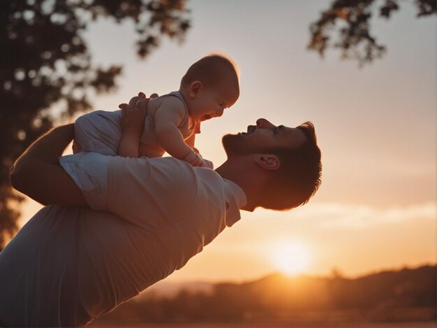 Foto vader die baby vasthoudt bij de zonsondergang