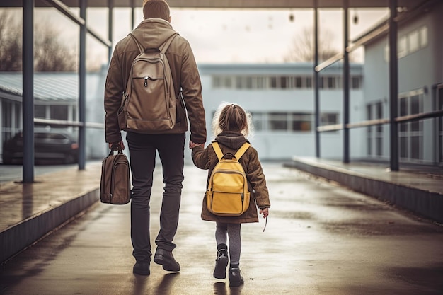 Vader die zijn dochter de hand schudt als ze teruggaan naar school Ai generatief