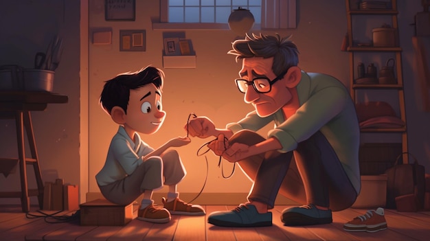 vader die zijn zoon leert om schoenen te strikken