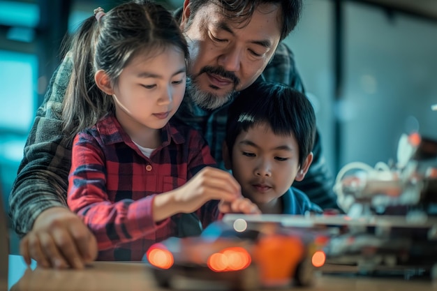 vader-dochter of vader-zoon duo bonding over technologie zoals werken aan een robotica project