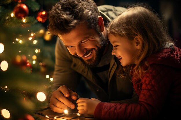 Vader en dochter brengen kerstmis gelukkig door Ze glimlachen en versieren het huis