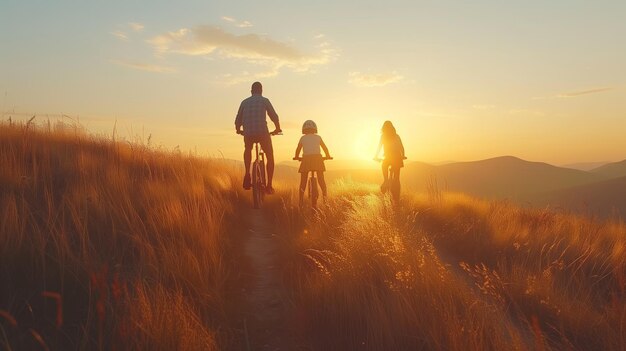 Vader en dochter fietsen in Sunset Field op Vadersdag.