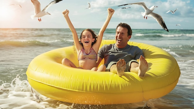 Vader en dochter hebben plezier op het strand terwijl ze op een luchtbed drijven