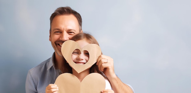 Vader en dochter lachen en hebben plezier met papieren hartjes voor een blauwe achtergrond met kopieerruimte Father39s Day banner achtergrondsjabloon AI gegenereerd