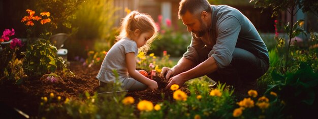 Vader en dochter planten bloemen in de tuin Generatieve AI Natuur