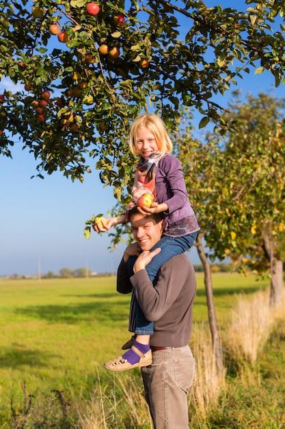 Vader en dochter plukken appel in de herfst of herfst