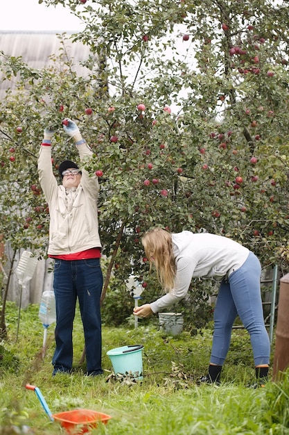 Vader en dochter plukken appels in de tuin.