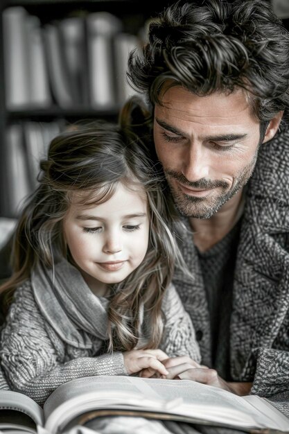 Foto vader en dochter verdiept in een boek