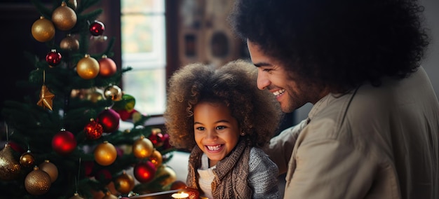 Vader en dochter versieren hun kerstboom AI-gegenereerde illustratie