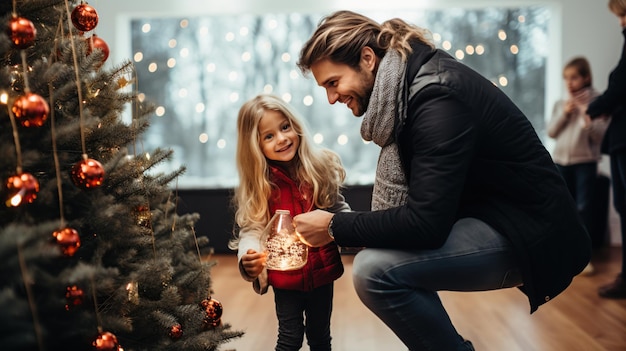 Vader en dochter versieren hun kerstboom AI Generated