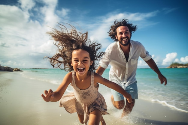 vader en dochterfamilie die samen plezier hebben op strandfamilievakantie