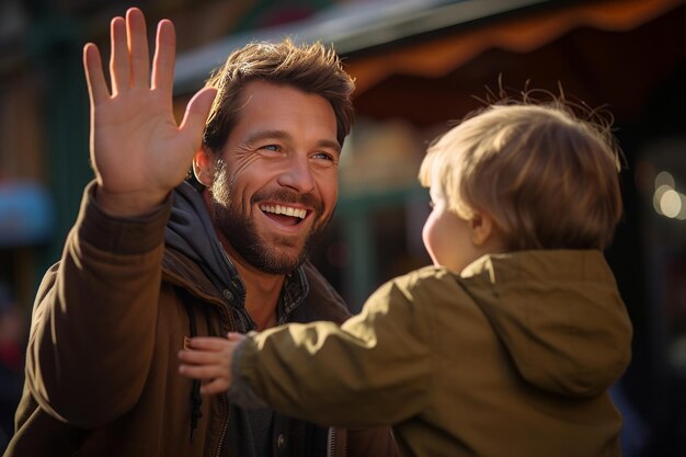 Foto vader en kind delen een high-five generatieve ai