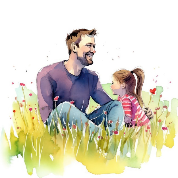 Vader en kind delen een speciaal moment van lachen of kietelen in aquarelstijl