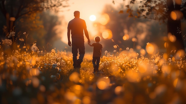 Vader en kind lopen bij zonsondergang op Vadersdag