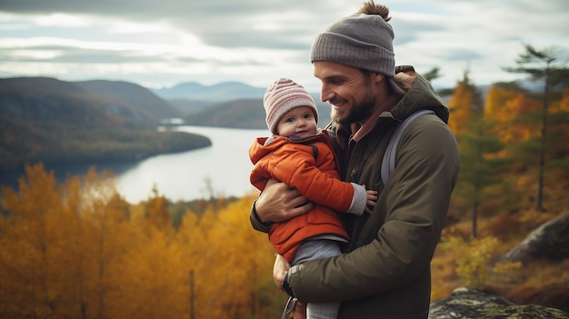vader en kind reizen samen buiten op familievakanties in Noorwegen in het herfstseizoen