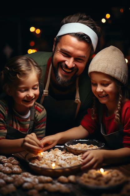 Vader en kinderen bakken kerstkoekjes Generatieve AI