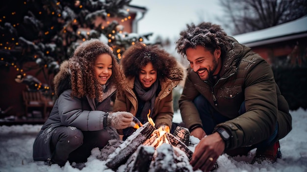 Foto vader en kinderen die een vreugdevuur aansteken buiten hun huis tijdens het kerstseizoen in het winterseizoen generatieve ai