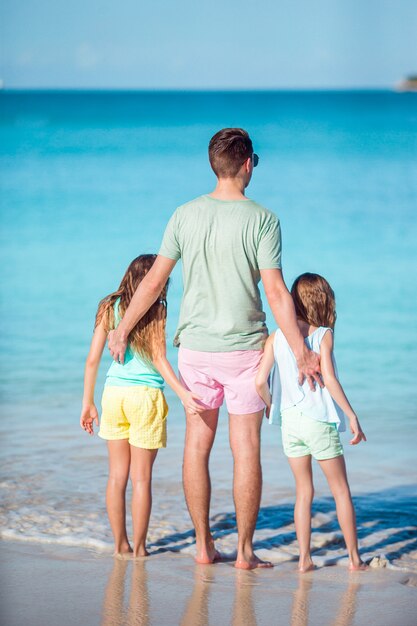 Vader en kinderen genieten van de tropische vakantie van de strandzomer