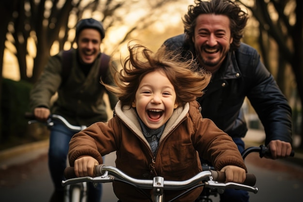Vader en moeder en kinderen die een helm dragen die samen op de fiets rijden Generatieve AI