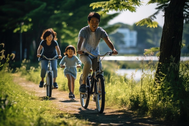 Vader en moeder en kinderen die een helm dragen die samen op de fiets rijden Generatieve AI