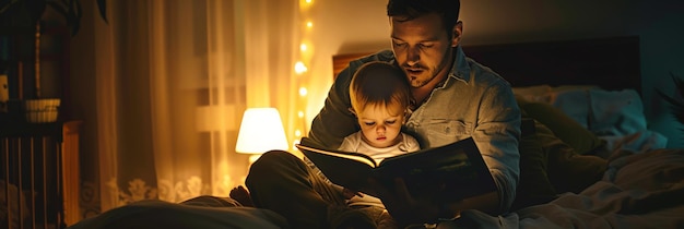 Vader en peuter ondergedompeld in het lezen onder zachte gloeiende lichten's nachts