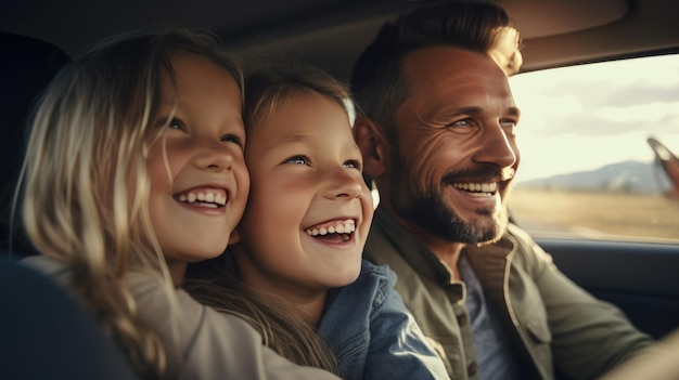 Foto vader en twee kinderen rijden lachend en breed lachend in de auto terwijl ze rijden