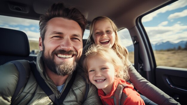 Vader en twee kinderen rijden lachend en breed lachend in de auto tijdens het reizen Gemaakt met generatieve AI-technologie