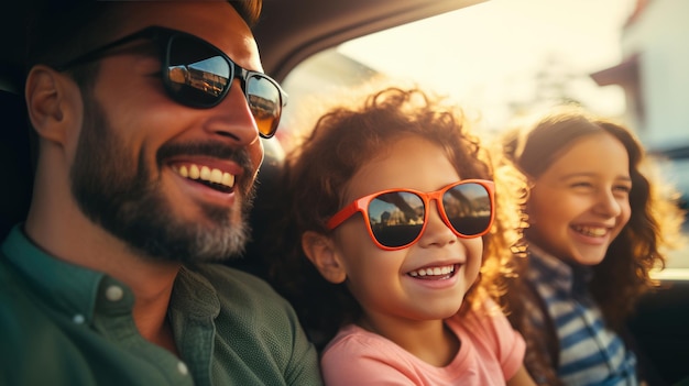 Vader en twee kinderen rijden lachend en breed lachend in de auto tijdens het reizen Gemaakt met generatieve AI-technologie
