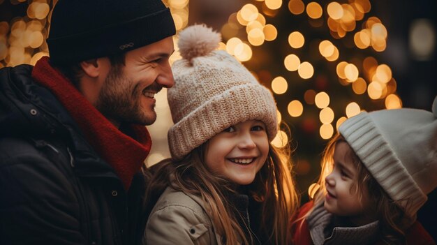 Foto vader en zijn dochters genieten van kerstverlichting