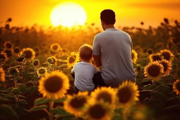 vader en zijn zoon op het veld tussen zonnebloemen bij zonsondergang