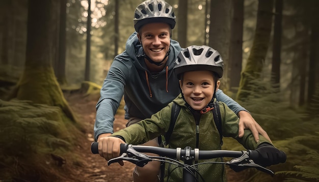 vader en zoon fietsen in het bos