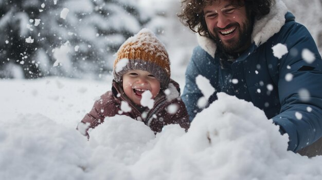 Vader en zoon genieten van een sneeuwige dag speelse sneeuwbalgevechten