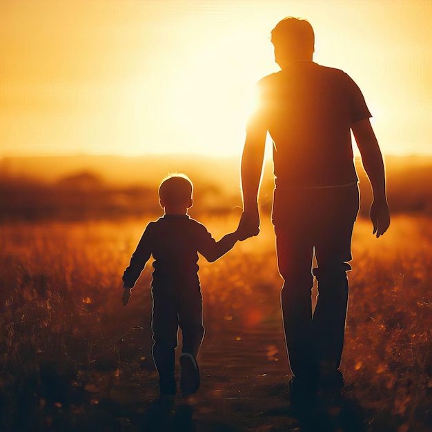 vader en zoon hand in hand op een veld bij zonsondergang Generatieve AI