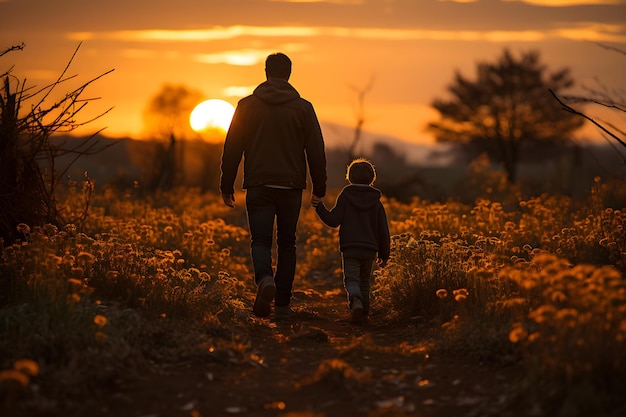 Vader en zoon houden elkaars hand vast in de generatieve ai van de middag