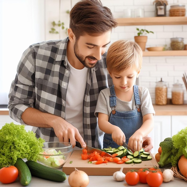 vader en zoon in de keuken die gezond en gezond eten bereiden gezond eten dieet biologische producten gezonde levensstijl