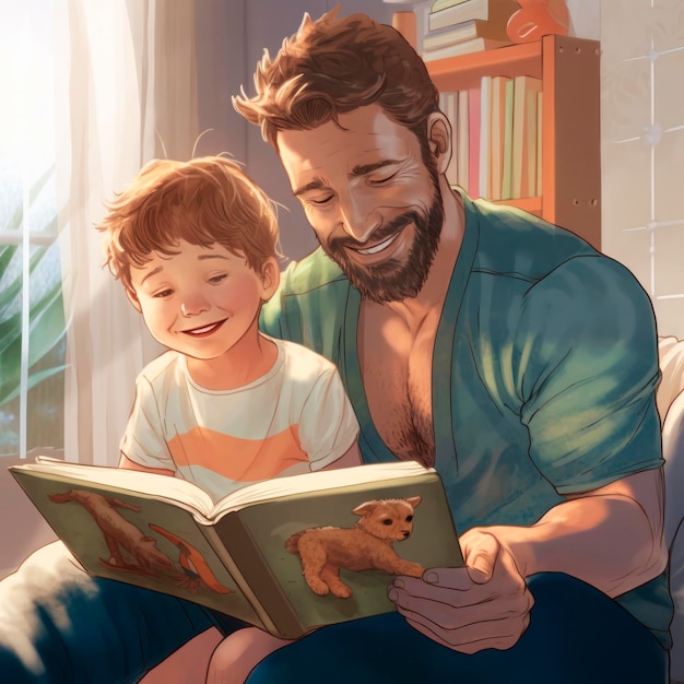 Vader en zoon lezen een boek en glimlachen terwijl ze thuis samen tijd doorbrengen