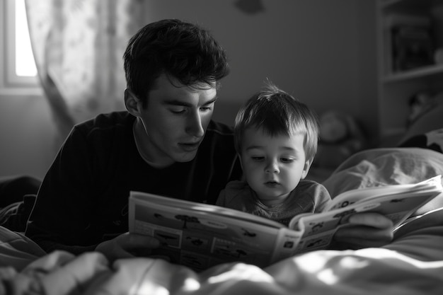 Vader en zoon lezen samen in bed