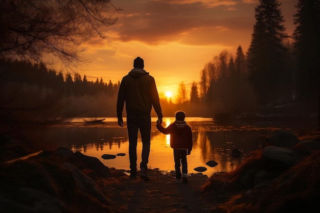 vader en zoon lopen naar beneden in zonsondergang Generatieve Ai