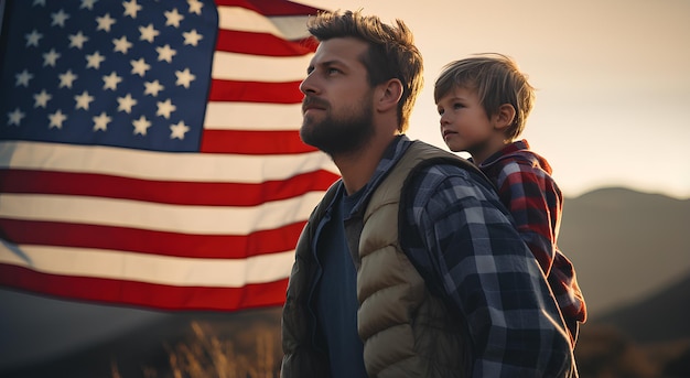 Vader en zoon met een Amerikaanse vlag.