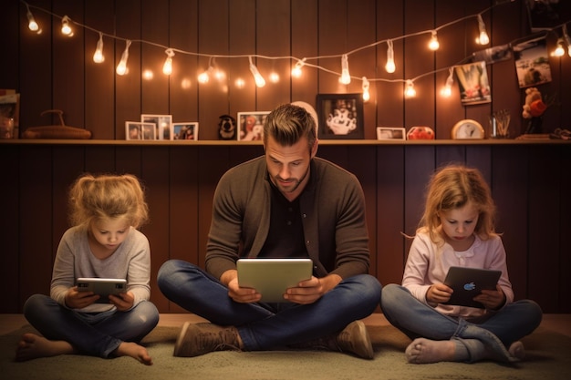 Vader en zoon oefenen thuis met behulp van een laptop of smartphone om sociale media te gebruiken en te leren over sociale media