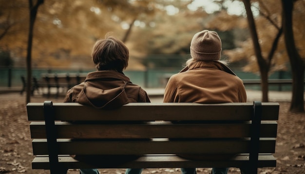 Vader en zoon omhelzen elkaar in het herfstbos en genieten van de samenwerking gegenereerd door AI