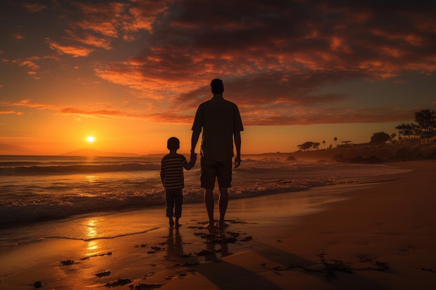 Vader en zoon op het strand bij zonsondergang Generatieve AI