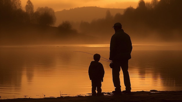 Vader en zoon vissen op een meer opa grootvader bergvis rivierbinding Generatieve AI