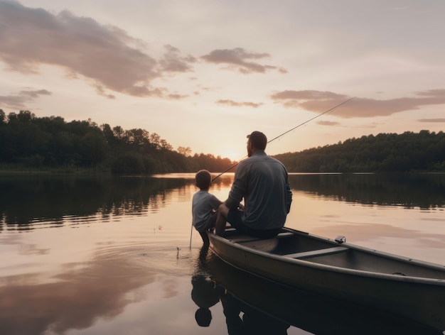 Vader en zoon vissen op een vredig meer bij zonsondergang, AI-gegenereerd.