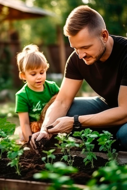 vader en zoon Ze zijn bezig met het planten van planten en groenten in de tuin